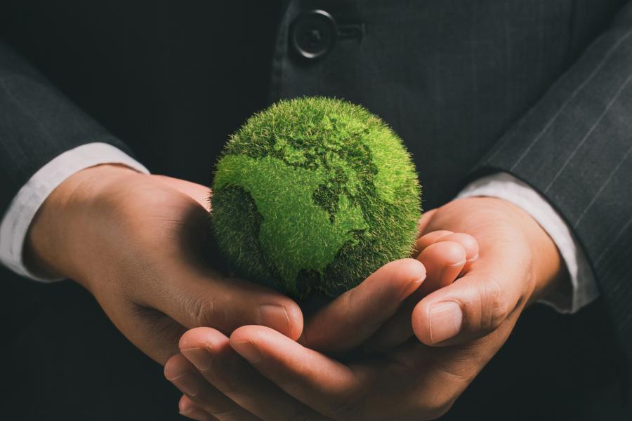Hands holding a green globe